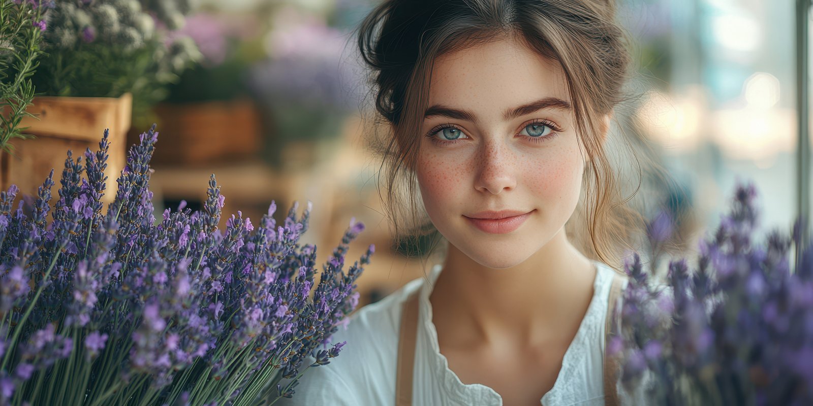 Young woman with beautiful lavender bouquet in a floral shop, enjoying a sunny afternoon surrounded by vibrant flowers